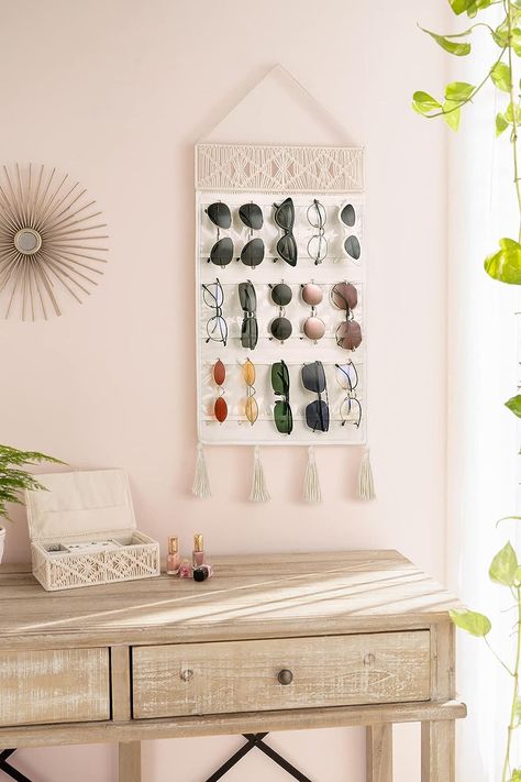 Mkono Sunglasses Organizer Holder Macrame Hanging Glasses Storage Organizer Boho with 15 Pockets and Decorative Tassels Boho Decor Woven Eyewear Display Organizer for Wall and Door Yarn Art Projects, Eyewear Display, Sunglasses Organizer, Glasses Storage, Decorative Tassels, Throwing Shade, Tassels Decor, Macrame Hanging, Hanging Organizer