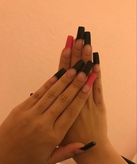 #nails #acrylic #pink #black Hot Pink And Black Nails Acrylics Short, Hot Pink And Black Nails, French Acrylics, Black French Tips, French Acrylic Nails, Black Nails, Nail Inspo, Hot Pink, Acrylic Nails