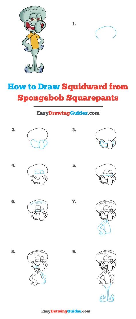 Spongebob Drawings Step By Step, How To Draw Spongebob Characters, How To Draw Aliens, Spongebob Characters Drawings, Draw Squidward, Spongebob Squarepants Drawing, How To Draw Spongebob, Disney Drawing Tutorial, Easy Drawing Guides