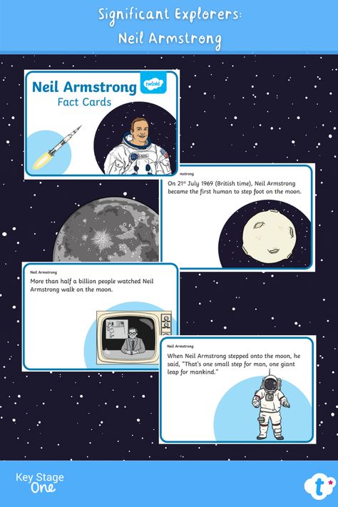 If your children are learning about space exploration or key personalties from history then these Neil Armstrong Fact Cards will be just what you are looking for. They contain fascinating key facts related to this famous astronaut; all written at a suitable level for KS1 children. Neil Armstrong Project For Kids, Neil Armstrong For Kids, Science Exhibition Ideas, Non Chronological Reports, First Astronaut, Science Exhibition, Exploration Art, Space Week, Creation Science