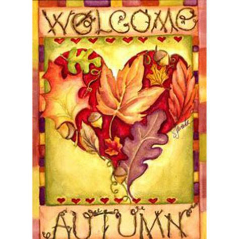 About the Design Features a heart shaped from colorful leaves. The message reads, "Welcome Autumn" About the Flag Decorate your home and garden with beautiful sublimated garden flags from Toland featuring trendy designs from licensed artists. Sublimated Garden Flags come in brilliant, vivid colors on light weight washable fabric. They are durable and resistant to both mildew and fade. Toland's Sublimated Flags are made with permanently dyed polyester using high quality heat sublimation printing. Fall Flags, Garden Line, Welcome Autumn, Fall Garden Flag, Garden Flag Stand, Welcome Fall, Outdoor Flags, Flag Sizes, Flag Stand