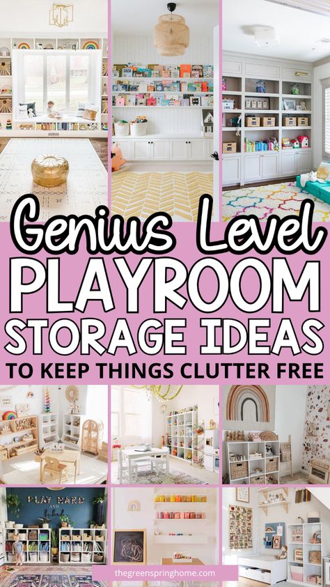 You’re going to love these 25 pretty playroom storage ideas that will keep your space clutter-free. Living Room Toy Area Ideas, Basement Toy Organization Ideas, Playhouse Storage Ideas, Kid Playroom Storage, Creative Playroom Storage, Playroom Kitchen Organization, Lego Playroom Play Areas, Toy Organizer Living Room, Open Shelving Playroom