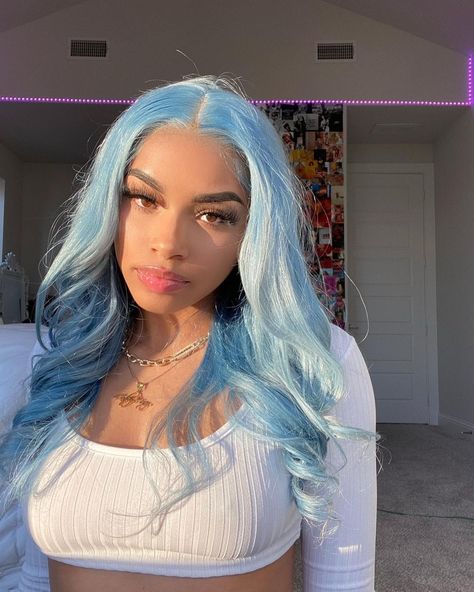 Cadey🦋 on Instagram: “consider yourself blessed, you got to fw the baddest🧊 • • • • •hair from @essencechanelhair •for $$ off (cadey10) •necklaces from…” Light Blue Hair On Brown Skin, Light Blue Hair Black Women, Blue Hair Y2k, Blue Hair Black Women, Princess Vivi, Blue Natural Hair, Baby Blue Hair, Pastel Blue Hair, Light Blue Hair