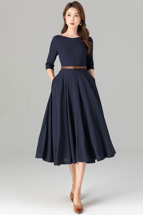 Winter Dresses Casual Modest, Modest Dresses Casual Trendy, Simple Modest Dresses Casual, Modest Pretty Outfits, Casual Navy Blue Dress, Fit And Flare Dress Casual, Classy Modest Dresses, Classic Style Women Timeless, Modest Dress Outfits