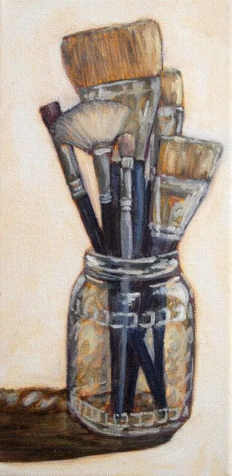 Brushes in Glass Jar by Kerry Walford Paint Brush Sketch, Paintbrush Drawing, Brush Painting, Paint Brush Drawing, Artist Palette, Watercolor Projects, Happy Paintings, Daily Painting, Clay Art Projects