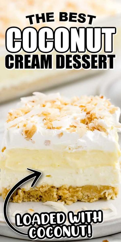 Those who adore coconut will be smitten from the very first taste of the delightful layers in this dreamy no-bake coconut cream treat. Coconut Cream Squares, Coconut Lush Dessert Recipes, Coconut Layered Dessert, Using Coconut Cream In Recipes, No Bake Coconut Delight, Coconut Cream Lush Dessert, Couples Dessert Ideas, Coconut Delight Dessert, No Bake Coconut Desserts