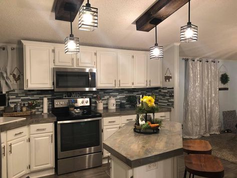 Rustic Double Wide Mobile Home, Trailer Remodel Kitchen Mobile Homes, Mobil Home Kitchen Makeover, Double Wide Manufactured Homes Kitchen, Double Wide Dining Room, Trailer Kitchen Remodel Double Wide, Double Wide Home Remodel, Mobile Home Kitchen Remodel Double Wide, Double Wide Remodel Farmhouse Style