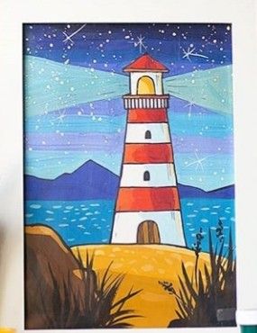 Painting Lighthouses Easy, Light House Drawing Easy, Lighthouse Art For Kids, Lighthouse Drawing Simple, Lighthouse Drawing, معرض فني, Easy Art For Kids, Naive Painting, 4th Grade Art