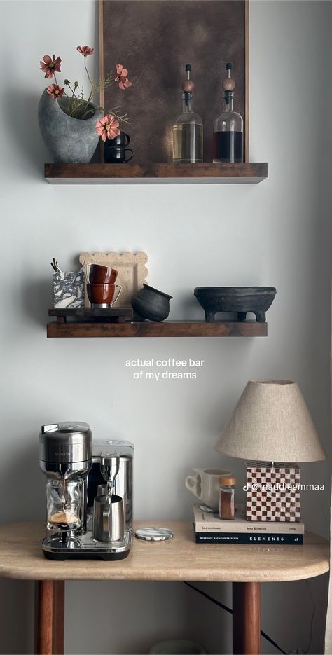 Tea Shelves Display, Cafe Corner Home Coffee Area, Tea Corner Aesthetic, Standalone Coffee Bar, Tiny Shelf Decor, Cooffe Style Corner, Minimal Coffee Station, Coffee Station Living Room, Small Coffee Area On Counter