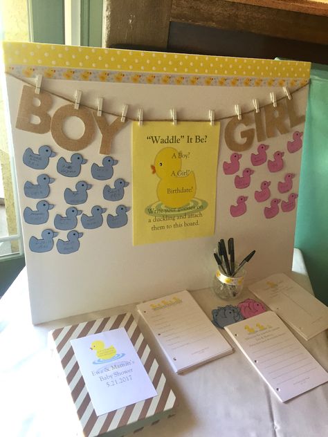 Duckling themed baby shower. "Waddle it be?" #duckling #ducky #babyshower Rubber Duck Gender Reveal Party Ideas, Rubber Duck Themed Baby Shower Ideas, Duck Theme Gender Reveal, Rubber Duck Gender Reveal, Waddle It Be Gender Reveal Ducks, What The Duck Is It Gender Reveal, Duckling Baby Shower Theme, Rubber Duck Baby Shower Ideas, Ducky Gender Reveal