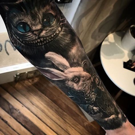 Rabbit Tattoo Alice In Wonderland Tattoo Sleeve, White Rabbit Tattoo, Cheshire Cat Tattoo, Tim Burton Tattoo, Cat Alice In Wonderland, Alice And Wonderland Tattoos, Rabbit Tattoo, Native American Tattoos, Clown Tattoo