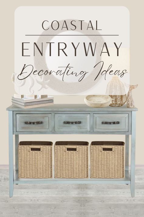 Check out these awesome coastal entryway decorating ideas! The beach decor is perfect for a beach house entryway. The neutral coastal entry table decor would match any aesthetic and goes especially well with this adorable blue entryway table! Coastal Beach House Entryway Ideas | Coastal Entryway Table Decor Coastal Wall Art Entryway, Modern Beach House Entryway, Coastal Entryway Rug, Coastal Entryway Ideas Front Entry, Coastal Foyer Entryway, Blue Entryway Table, Coastal Entryway Table, Coastal Entry Table, Beach House Entryway Ideas