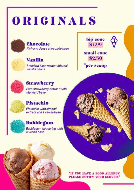 Gelato Menu Design, Ice Cream Shop Menu Design, Menu Design Ice Cream, Ice Cream Menu Design, Ice Cream Infographic, Menu Ice Cream, Clay Ice Cream, Mood Tone, Ice Cream Menu