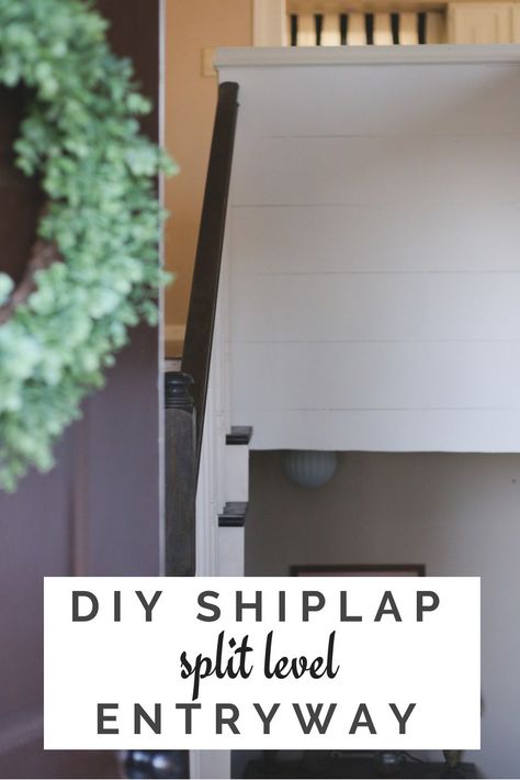 DIY shiplap in split level entryway Shiplap Entrance Entryway, Small Entryway Split Level, Entryway Ideas Split Level Front Entry, Split Entryway Ideas, Split Foyer Entryway Ideas, Split Entry Remodel Entryway, Split Entry Ideas, Split Level Entryway Decor, Small Split Level Entryway Ideas