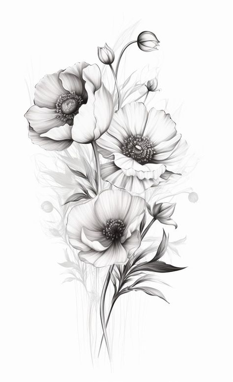 Poppy Flower Drawing, Poppy Flower Tattoo, Flower Tattoo Drawings, Poppies Tattoo, Tattoo Zeichnungen, Floral Tattoo Sleeve, Flower Drawing Design, Flower Art Drawing, Floral Tattoo Design