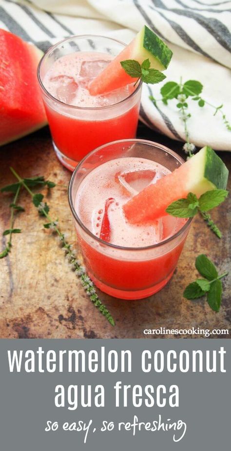 If you need some relief from the heat, this watermelon coconut agua fresca is just the thing. Incredibly easy to make, no added sugar and wonderfully refreshing, you'll be sipping it whenever you can. #watermelon #coconutwater #drink #nonalcoholic #refinedsugarfree Coconut Agua Fresca, Can Watermelon, Drink Nonalcoholic, Aqua Fresca, Agua Fresca Recipe, Easy Alcoholic Drinks, Recipes Potato, Watermelon Drink, Coconut Drinks