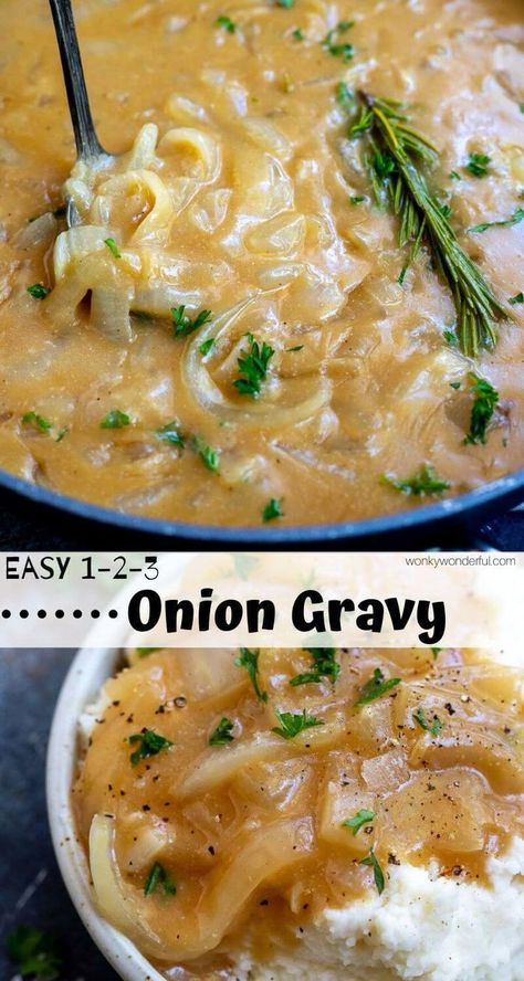 Here is an easy Brown Onion Gravy Recipe just in time for the holiday feasts. No need for a dry mix, this homemade gravy has loads of flavor and is simple to prepare. Serve this beef gravy over meatloaf, mashed potatoes or meatballs. #gravyrecipe #gravy #oniongravy #holidayrecipes #gravyrecipes #browngravyrecipes #browngravy #easygravyrecipes #holidayfood Easy Onion Gravy Recipe, Onion Gravy Recipe Simple, Homemade Onion Gravy, Wonky Wonderful, Brown Onion Gravy, Meatloaf Mashed Potatoes, Onion Gravy Recipe, Homemade Brown Gravy, Brown Gravy Recipe