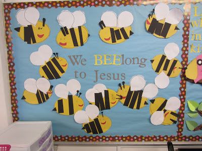 Bee Bulletin Board and a Freebie! - Mrs. B's Beehive Bee Bulletin Boards, Catholic Bulletin Boards, Religious Bulletin Boards, Easter Bulletin Boards, Catholic Schools Week, Christian Bulletin Boards, Sunday School Decorations, Summer Bulletin Boards, Sunday School Rooms