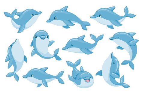 Dolphin characters. Funny dolphins jump and swim poses. Oceanarium show mascot underwater animal. Cartoon bottlenose baby dolphin vector set. Illustration characters dolphin,animal, mammal funny Swim Poses, Dolphin Vector, Funny Dolphin, Cartoon Dolphin, Baby Dolphin, Baby Dolphins, Dolphin Art, Underwater Animals, Picture Books Illustration