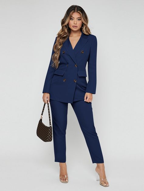 Navy Blue Elegant  Long Sleeve Polyester Plain  Embellished Non-Stretch Spring/Fall Women Suits Women’s Navy Blue Suit, Navy Blue Suits For Women, Official Suits For Women Work Outfits, Navy Suits For Women, Navy Blue Suit Outfits Women, Dark Blue Women Suit, Navy Blue Pant Suit Women, Formal Dressing Style For Women, Blue Female Suit