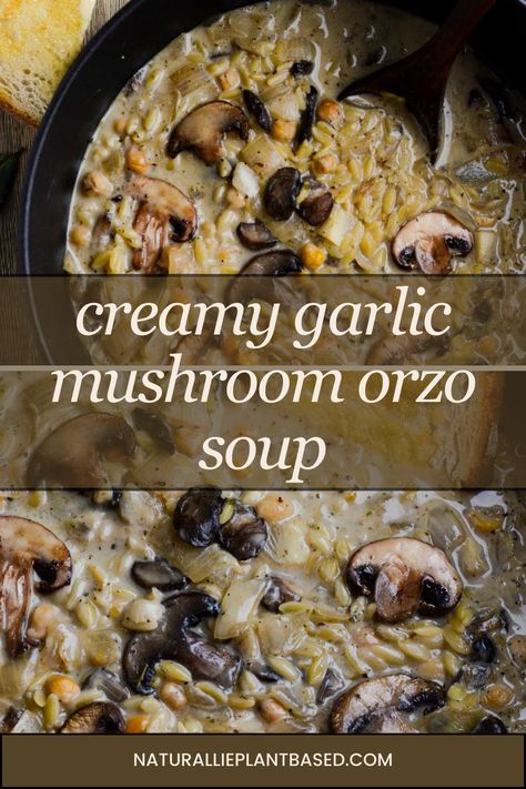 Indulge in the ultimate cozy & comforting meal with our Creamy Garlic Mushroom Orzo Soup! This easy one-pot recipe features savory mushrooms, tender orzo pasta, & a creamy broth enhanced with a touch of coconut milk. Packed with umami flavor & ready in under 30 minutes, it's the perfect choice for vegan, dairy-free, & gluten-free diets. Serve it with crusty bread for a complete & satisfying meal that will warm your soul from the inside out! ✨ Super Green Mushroom And Orzo Soup, Orzo Mushroom Soup, Creamy Orzo Soup, Vegan Orzo Soup, Mushroom Orzo Soup, Orzo Recipes Soup, Mushroom Recipes Soup, Orzo Soup Vegan, Mushroom Bisque Soup