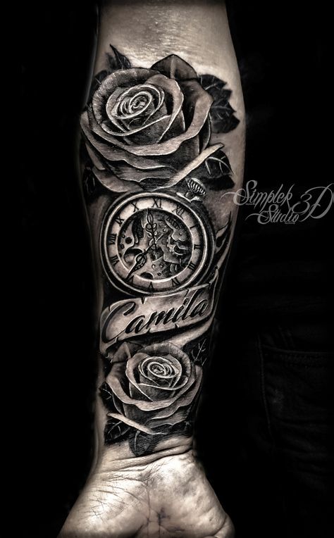 Watch And Roses Tattoo Design, Rose And Clock Tattoo For Men, Make Forearm Tattoo, Roses And Clock Tattoo Design, Rose Clock Tattoo Design, Rose Tattoo With Banner, Clock With Roses Tattoo, Rose Tattoo Men Forearm, A7x Tattoo