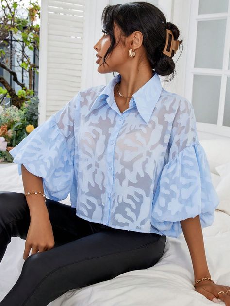 SHEIN Privé Jacquard Puff Sleeve Button Front ShirtI discovered amazing products on SHEIN.com, come check them out! 2023 Wardrobe, Drop Shoulder Top, Chic Maxi Dresses, Butterfly Blouse, Floral Midi Skirt, Women Blouses, Plain Shirts, Button Front Shirt, Blue Blouse