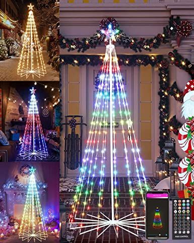 Flacchi 7ft Height Smart Christmas Cone Tree Lights + Star Tree Topper with Removable Bracket, App Control, Sync with Music, Smart Waterfall Colored Lights for Indoor Outdoor Xmas Decorations Tree Decorations Indoor, Lighted Star Tree Topper, Xmas Decorations Outdoor, Christmas Tree Light, Toppers Diy, Christmas Cones, Prelit Tree, Light App, Outdoor Christmas Tree