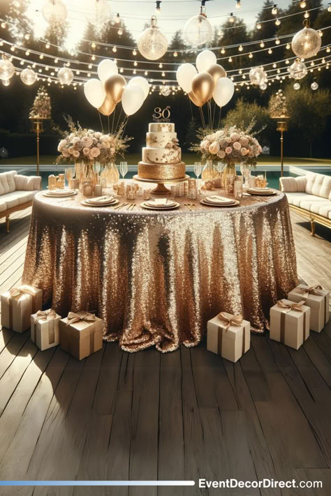 How to Create a Glamorous Outdoor Birthday Setting Using a Sequin Tablecloth New Years Eve Gala Decor, Champagne Party Decor, Event Chairs, Gold And Silver Disco Theme, New Years Eve Venue Decor, Birthday Party Ideas For Women, Gold Themed Birthday Party, Gold Sequin Backdrop, Gold Glamorous Sequin Fabric For Party