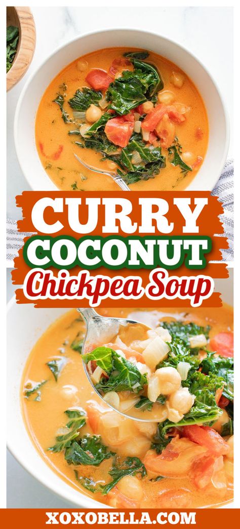 Curried coconut soup with garbanzo beans Soup With Chickpeas, Coconut Chickpea, East Indian Food, Curry Coconut, Indian Soup, Hearty Vegetable Soup, Soups Stews Chilis, South East Asian, Breakfast Appetizers