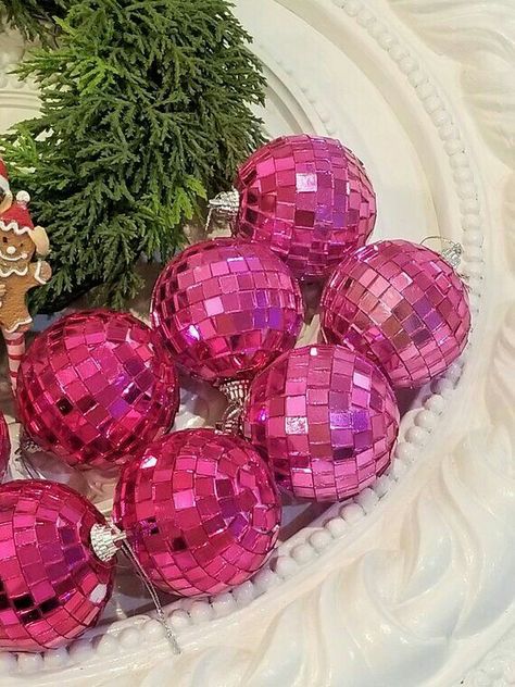 Hot Pink Disco Ball, Hot Pink Christmas, Disco Ball Christmas, Pink Disco Ball, Pink Disco, Christmas Colours, Christmas Color Palette, Pink Christmas Ornaments, Pink Xmas