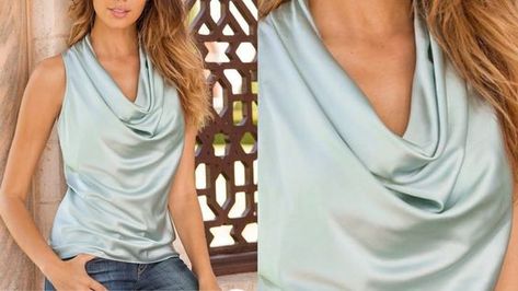 Falling Neck Tops, Falling Neck Dress, Diy Cowl Neck Top, Satin Blouse Designs, Diy Cowl, Girls Top Design, Dress Designs For Stitching, Diy Makeup Bag, Cowl Top