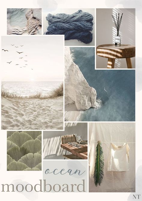 Ocean Mood Board, Ocean Moodboard, Pen Portraits, Summer Interior, Mood Board Interior, Cottage By The Sea, Color Schemes Colour Palettes, Beach House Style, Interior Design Mood Board