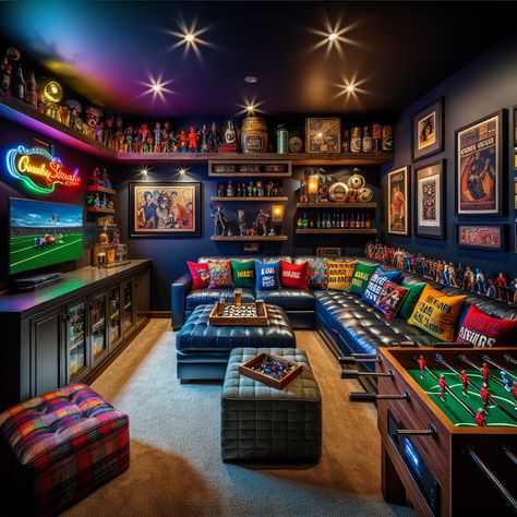 Suburban basement turned eclectic man cave with a huge TV, vintage memorabilia, mini bar, and arcade games. Decor includes quirky throw pillows, iconic posters, and neon signs, complete with a comfortable leather couch and cozy atmosphere. #Mancave #BasementDesign #RetroDecor #GameRoom #HomeBar #SportsDen Eclectic Gaming Room, Man Cave Gaming Room, Nerd Man Cave, Man Cave Game Room Ideas, Gamer Basement, Arcade Basement, Home Theatre Rooms, Basement Arcade, Adult Game Room