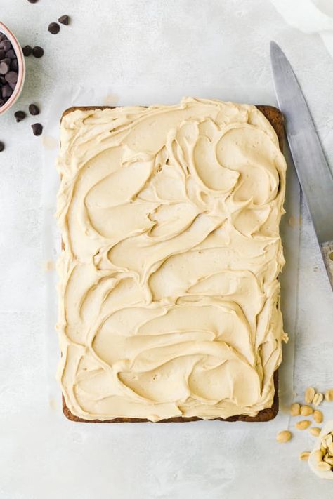 This Banana Sheet Cake with Peanut Butter Frosting would have been Elvis's favorite. We think you'll love it too. Brownies With Peanut Butter Frosting, Penuche Frosting, Banana Sheet Cake, Brownies With Peanut Butter, Banana Sheet Cakes, Cider Cake, Peanut Butter Frosting Recipe, Peanut Butter Cup Brownies, Slab Cake