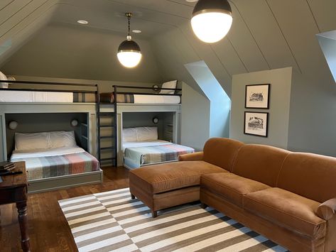 Bonus Room Bunk Beds, Bonus Bunk Room, Bunk Room Over Garage, Bunk Bed Game Room, Bunk Room Above Garage, Sloped Ceiling Bunk Beds, Basement Bunk Beds Built Ins, Built In Bunk Beds Slanted Ceiling, Loft Bunk Room