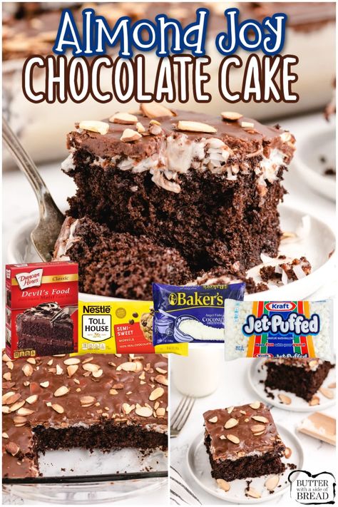 ALMOND JOY CAKE - Butter with a Side of Bread Marshmallow Coconut, Almond Joy Cake, Almond Joy Candy, Almonds Chocolate, Almond Joy Bars, Devils Food Cake Mix Recipe, Coconut Frosting, Cake Mix Cookie Recipes, Devils Food Cake