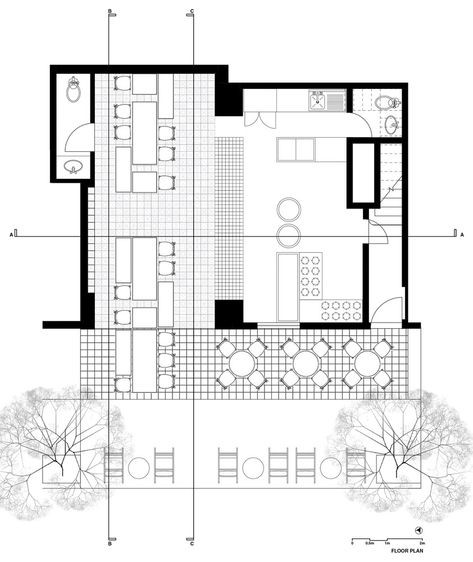 Gallery of Small Cafe Designs: 20 Aspirational Examples in Plan & Section - 49 Cafe Plan Architecture, Small Cafe Floor Plan, Cafeteria Plan, Cafe Floor Plan, Cafe Plan, Restaurant Floor Plan, Cafe Designs, Cafeteria Design, Restaurant Layout