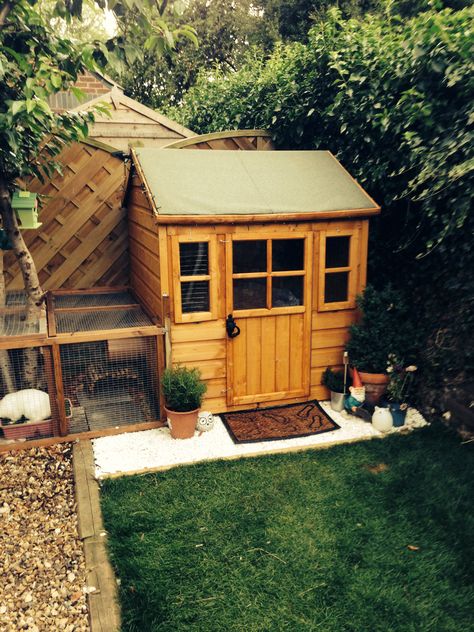 So my attempt at a Wendy house makeover for my bunny . Rabbit Wendy House Ideas, Rabbit Wendy House, Bunny House Outdoor, Bunny Sheds, Homestead Food, Rabbit Shed, Diy Rabbit Hutch, Outdoor Rabbit, Outdoor Rabbit Hutch