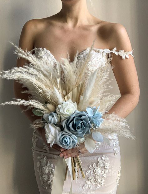 Blue Bridal Bouquet Boho Dried Pampas Grass Wedding Flowers Boho Wedding Bouquet Blue, Pampas And Blue Flowers, Blue And Pampas Grass Wedding, Blue Boho Wedding Flowers, Powder Blue Boho Wedding, Blue Pampas Grass Decor, Blue And Tan Wedding, Boho Wedding Blue, Blue Dried Flower Bouquet