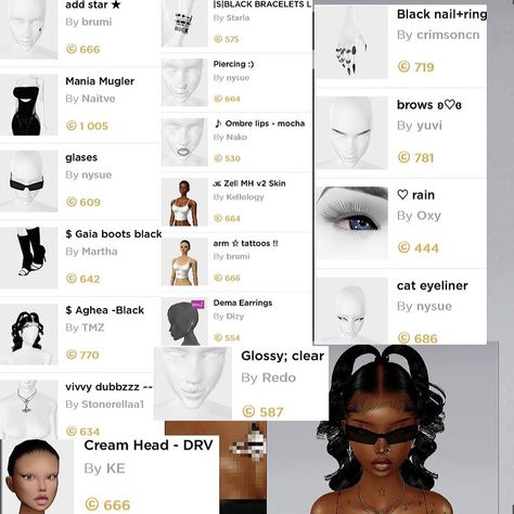 Imvu Heads Names, Imvu Accessories, Imvu Heads, Imvu Makeup, Imvu Hair, Imvu Fits, Makeup Names, Imvu Outfits, Imvu Outfits Ideas Cute