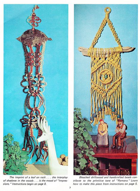 Wall Hangings - Macrame hangers For Small Spaces 1975 by Zombie Leah via Flickr Vintage Macrame Wall Hanging, Vintage Macrame Patterns, Macrame Hangers, Vintage Macrame, Angel Wall Art, Macrame Wall Hangings, Vintage Cross Stitch Pattern, Macrame Wall Hanging Patterns, Pot Hanger