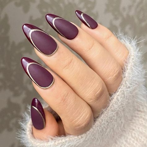 Gold Chrome Nails French, Red Burgundy Nails, Biab Manicure, Nails Gold Chrome, Chrome French, Gold Chrome Nails, French Tip Design, Gel Press On Nails, Medium Almond