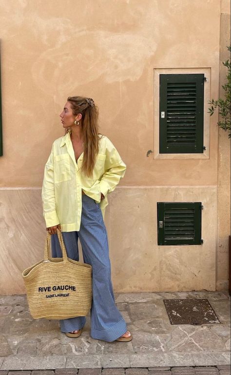 Yellow Oversized Shirt Outfit, Turquoise Shirt Outfit, Yellow Button Up Shirt Outfit, Effortlessly Chic Outfits Summer, Multicolor Outfit, Ootd Yellow, Yellow Button Up Shirt, Button Down Outfit, Oversized Shirt Outfit