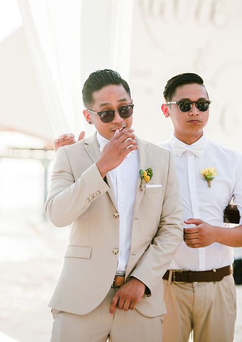 Yellow and White Boracay Wedding | Philippines Wedding Blog Yellow Bridesmaid Dresses With Groomsmen, Yellow Wedding Groomsmen, Yellow Wedding Suit, Yellow Groomsmen, Light Yellow Weddings, Pale Yellow Weddings, Tan Suit Wedding, Boracay Wedding, Groom Colours