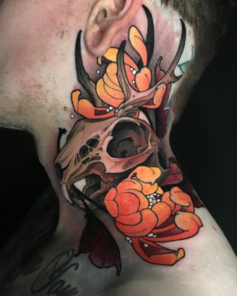 Jackalope Skull, Chest Neck Tattoo, Trad Tattoos, Tiny Bird Tattoos, Cool Back Tattoos, Flower Tattoo Back, Tattoo Board, Flame Tattoos, Tattoo Reference