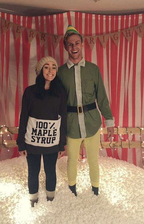 Couples costume. Elf and Maple Syrup. DIY Christmas. #christmas #couple #costume #elf #diy Buddy The Elf Couple Costume, Buddy The Elf Halloween Costume, Elf Movie Costume Diy, Couples Grinch Costume, Christmas Costume Ideas For Couples, Couple Christmas Costume Ideas, Couple Christmas Party Outfits, Funny Couple Christmas Pictures, Elf Couple Costume