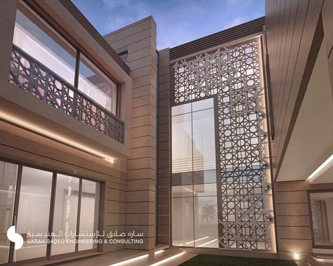 private villa  kuwait 1000 m sarah sadeq aarchitects Sarah Sadeq, Jali Work, Sarah Sadeq Architects, Mosque Design, Classic Villa, Front Elevation Designs, Brass Wood, Building Facade, Wood Stone