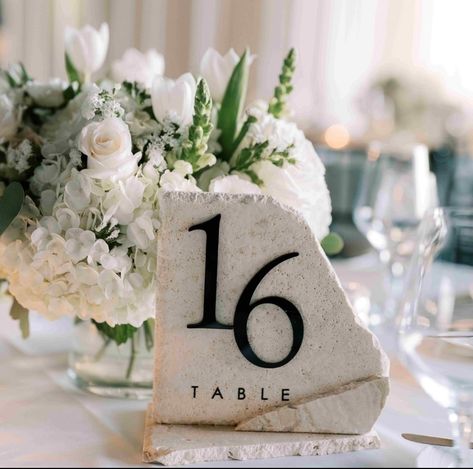 Stone Wedding Centerpieces, Rock Table Numbers Wedding, Concrete Table Numbers, Mr Mrs Table Wedding Decor, Marble Table Numbers, Wedding Table Numbers Ideas, Stone Table Numbers, Black Tie Wedding Decor, Table Numbers For Wedding