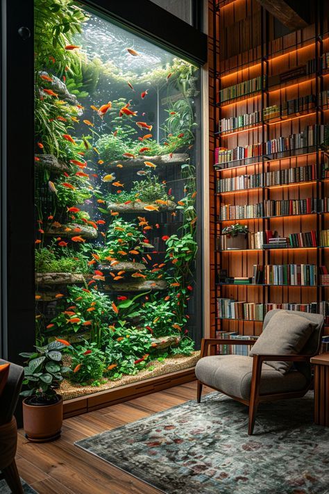 Home Fish Aquarium, Fish Tank On Bookshelf, Fish Tank Interior Design, Library Aquarium, Aquarium Ideas Living Rooms, Room Terrarium, Bookshelf Aquarium, Unique Home Library, Plant Bookshelf